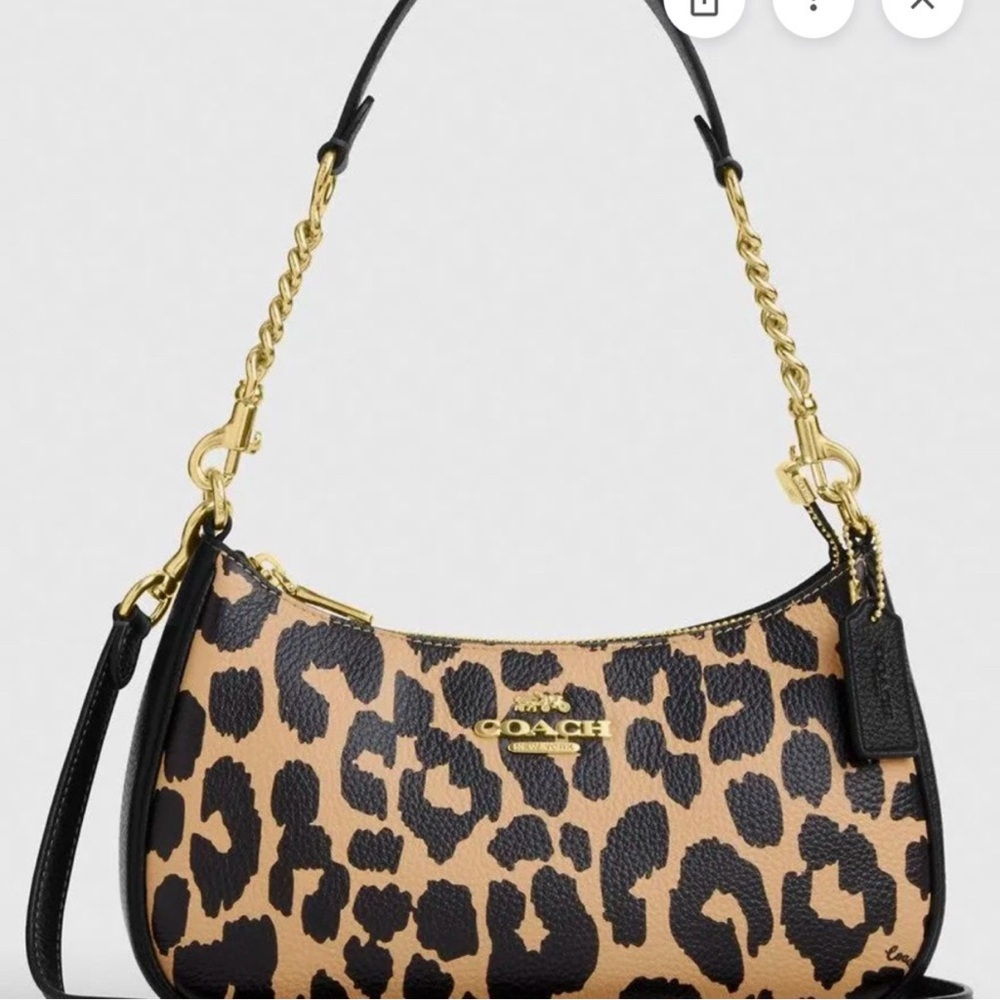 Coach Leopard-Print Shoulder Bag in Tan and Black with Gold Hardware